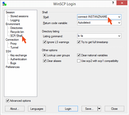 WinSCP SCP Shell Einstellungen